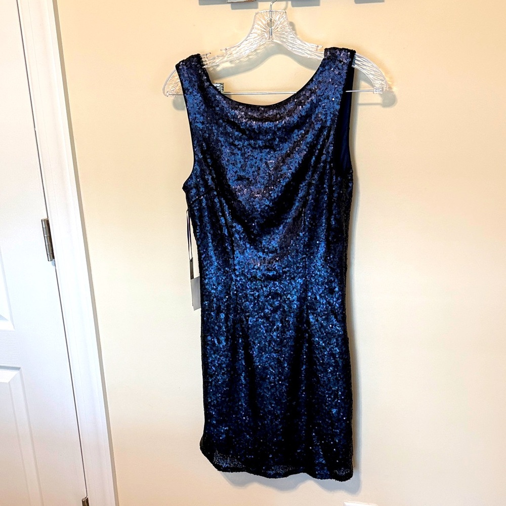 Lulus Women’s Navy Blue Sequin Shine Time Cowl Back Mini Dress / Size M / NWT